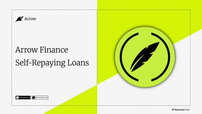 A promotional graphic for 'Arrow Finance Self-Repaying Loans' features a green and white design with a feather/arrow logo on a Relinked Chain.