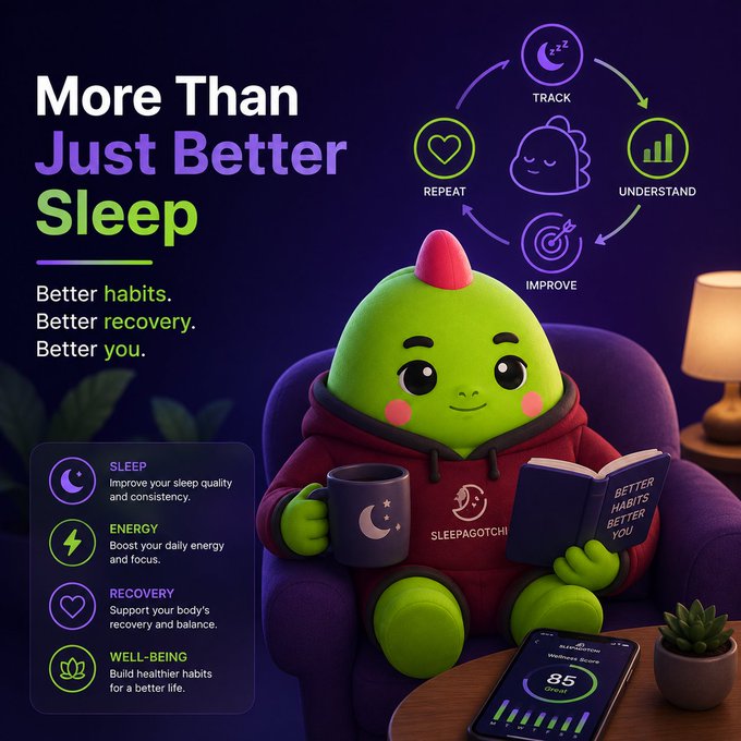 A Sleepagotchi advertisement with a green character in a hoodie reading 'Better Habits Better You', promoting better sleep, energy, recovery, and well-being.