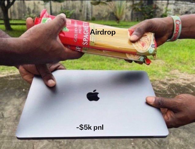 Two hands hand a package of spaghetti labeled "Airdrop" over an open Apple MacBook labeled "-$5k pnl," humorously depicting Polymarket gamblers trading their hefty trading losses for a tiny airdrop like scraps of pasta.