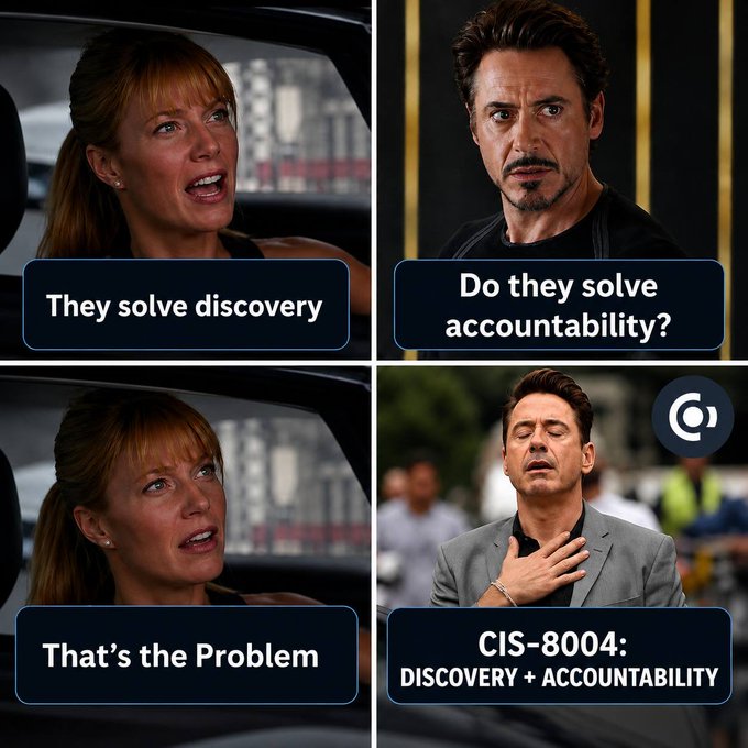 A four-panel meme using screenshots of Pepper Potts and Tony Stark from Marvel movies, with text reading 'They solve discovery', 'Do they solve accountability?', 'That's the Problem', and 'CIS-8004: DISCOVERY + ACCOUNTABILITY'.