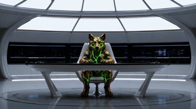 A digitally generated dog sits in a futuristic cockpit behind a sleek control console, with glowing green vein-like lines across its body and dark dashboard panels in the background. The image visually reinforces the post’s message about holding through volatility, portraying a resolute “diamond hands” figure as it waits while others sell, with no clearly legible text beyond the accompanying “$COPPERINU” caption.
