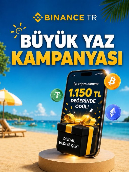 The image promotes Binance TR's "Büyük Yaz Kampanyası" (Big Summer Campaign), displaying a smartphone and digital gift box on a beach with text announcing a 1,150 TL reward for first-time crypto purchases, alongside Bitcoin, Tether (₮), and Ethereum logos. The vibrant summer setting and the gift box visual reinforce the promotional campaign described in the post.