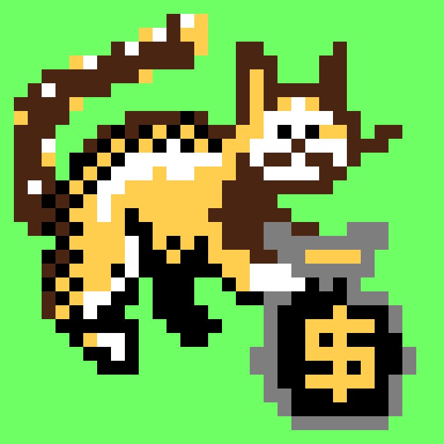 Pixel art sprite of a horned creature with a spiked tail holding a money bag against a bright green background.