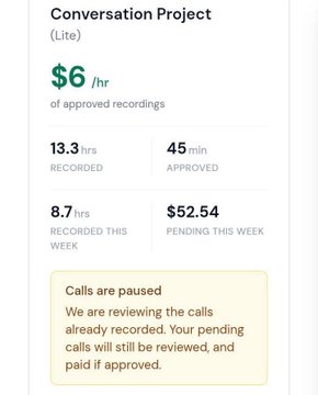 A screenshot of a "Conversation Project (Lite)" dashboard showing $6/hr for approved recordings, with stats of 13.3 hrs recorded, 45 min approved, 8.7 hrs recorded this week, and $52.54 pending this week, along with a notice that calls are paused. The image illustrates the earnings example mentioned in the post about getting paid to talk for AI voice training.