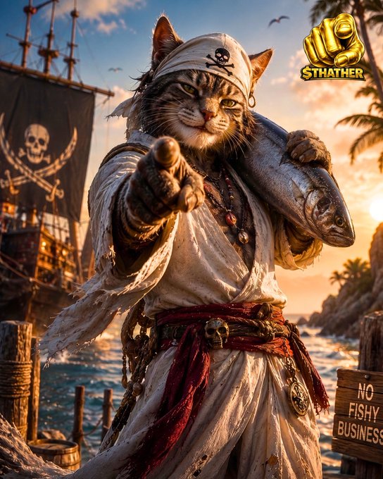 A detailed illustration of a pirate cat wearing a skull-and-crossbones bandana, pointing forward with a fish in its other hand, standing by the sea with a pirate ship in the background; a gold 'Sthather' fist logo appears in the corner.