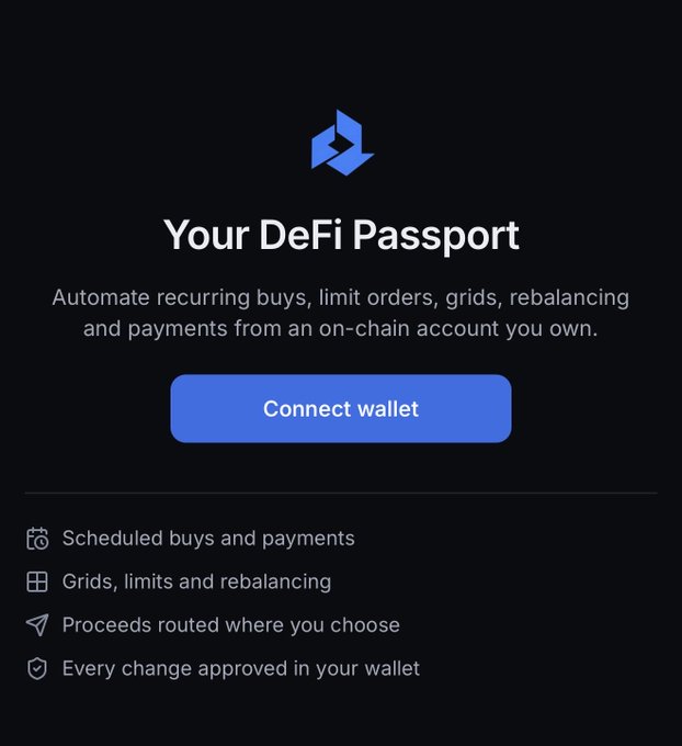 A dark-themed promotional screen titled 'Your DeFi Passport' advertises features like scheduled buys, grids, limits, rebalancing, and a 'Connect wallet' button.