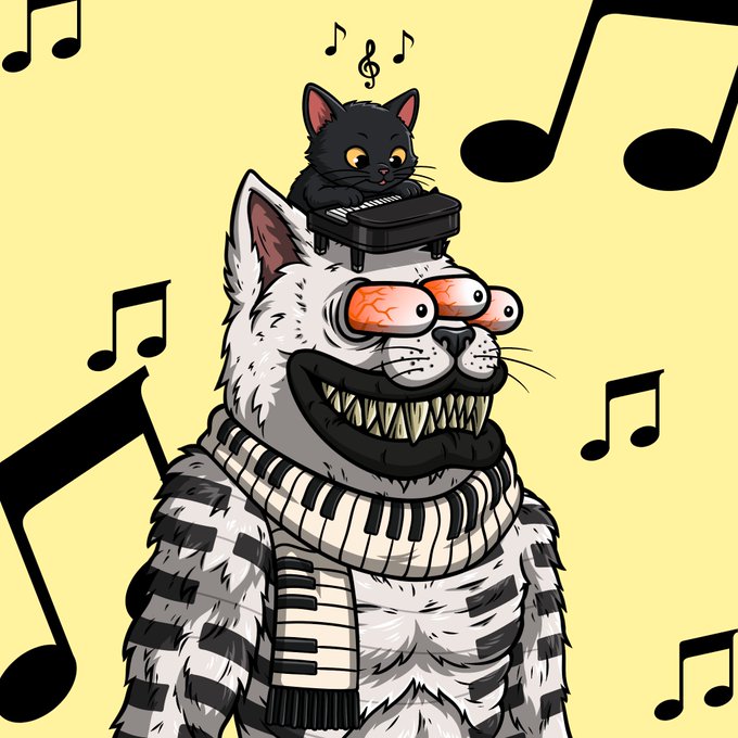A stylized cartoon illustration depicts a creepy, grinning white cat with bloodshot eyes wearing a piano-key scarf, with a small black kitten playing a keyboard on top of its head, surrounded by musical notes on a yellow background.