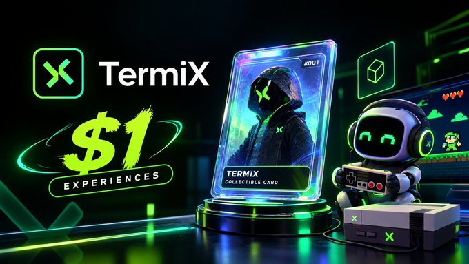 Promotional graphic for 'TermiX' featuring a $1 Experiences offer and a collectible card NFT alongside a gaming console and robot mascot.