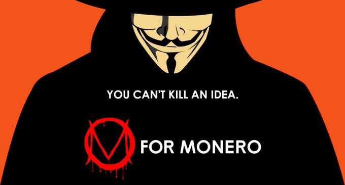 A stylized graphic of the Guy Fawkes mask from *V for Vendetta* on an orange background, paired with the text "YOU CAN'T KILL AN IDEA" and "FOR MONERO," symbolizing the cryptocurrency's resilience against delistings, attacks, and privacy crackdowns despite its strong price gains.