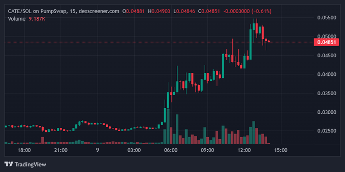 A candlestick chart from dexscreener.com showing CATE/SOL trading on PumpSwap with a 15-minute timeframe, displaying price at 0.04851 (down 0.61%) and volume of 9.187K.