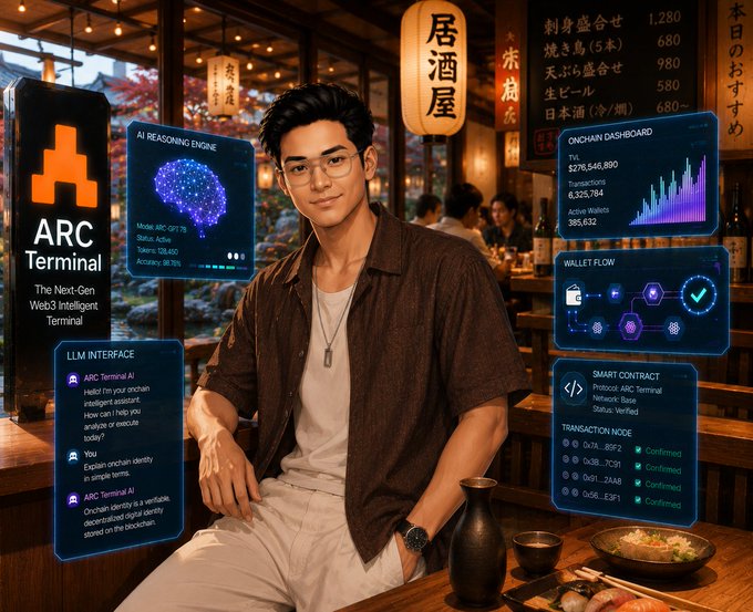 The image features a man sitting at a table with a cup of coffee, wearing glasses and a brown shirt. He appears to be posing for a photo or video. In the background, there are several people seated around tables, suggesting that this is a social setting like a restaurant or cafe. A menu can also be seen on one of the tables. The image includes text elements such as "arc terminal update", "The scary part of AI agents is not that they can act. It is that people may let them act without clear limits.", and "@TheARCTERMINAL feels worth watching". These elements provide context to the scene, indicating a social gathering or dining experience where the man in glasses might be capturing memories with his friends or family.