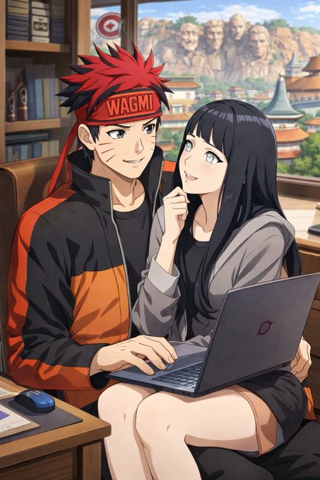 An anime-style couple sits together, with a spiky red-haired character wearing a "WAGMI" headband next to a long black-haired girl holding a laptop, set against a scenic village and mountain backdrop—capturing a cozy crypto-community "GM CT" vibe.