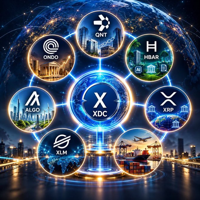A digital infographic showing various cryptocurrencies connected to a central XDC token, featuring tokens like QNT, ONDO, HBAR, ALGO, XRP, and XLM around a glowing Earth.