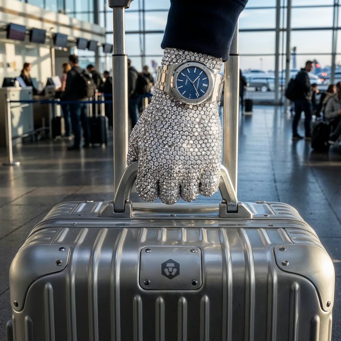 A hand covered in diamonds, wearing a watch, grips a suitcase with a Crypto.com logo at the airport, signifying a move to "higher altitude" for the brand.