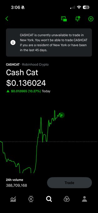 A Robinhood Crypto mobile app screen displays the 'Cash Cat' (CASHCAT) token priced at $0.136024, up $0.012665 (10.27%) today, with a notice stating it is unavailable to trade in New York.