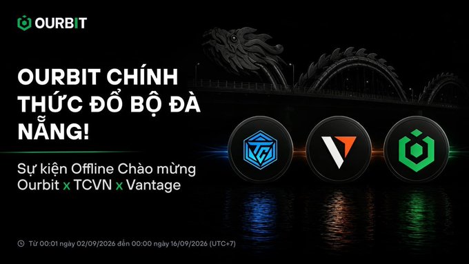 A promotional banner for 'OURBIT CHÍNH THỨC ĐỔ BỘ ĐÀ NẴNG!' announcing an offline event collaboration between Ourbit x TCVN x Vantage, featuring logos for each.