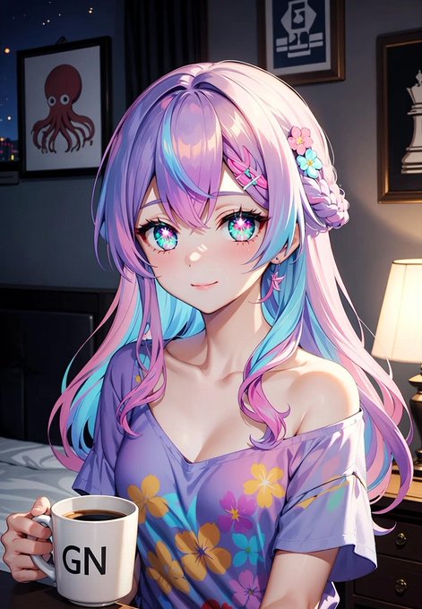 An anime-style illustration of a girl with pastel purple, pink, and blue gradient hair, wearing a floral off-shoulder top and holding a mug labeled 'GN' in a dimly lit bedroom.