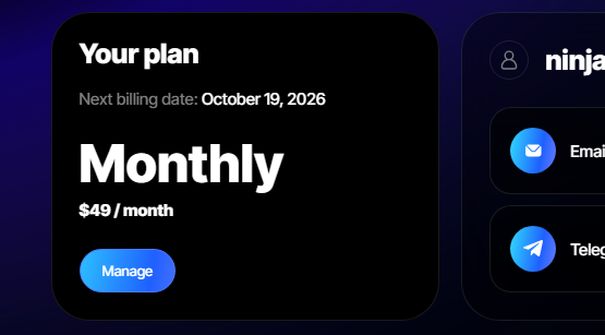 A subscription management screen showing "Your plan" as "Monthly" for "$49 / month" with a next billing date of "October 19, 2026" and a "Manage" button, next to a partial view of a "ninja" profile menu.