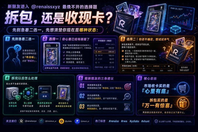 An infographic in Chinese about choosing between opening packs or buying cash cards on RENAISS, featuring numbered tips, charts, and social media handles including @renaissxyz and @xhunt.
