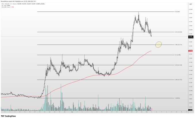 A TradingView chart of ENA/USD shows the price pulling back toward the 0.236 Fibonacci retracement level (~$0.236) after a rally from ~$0.20, with the post suggesting a drop to $0.20 would be a decent entry ahead of a token unlock next week.