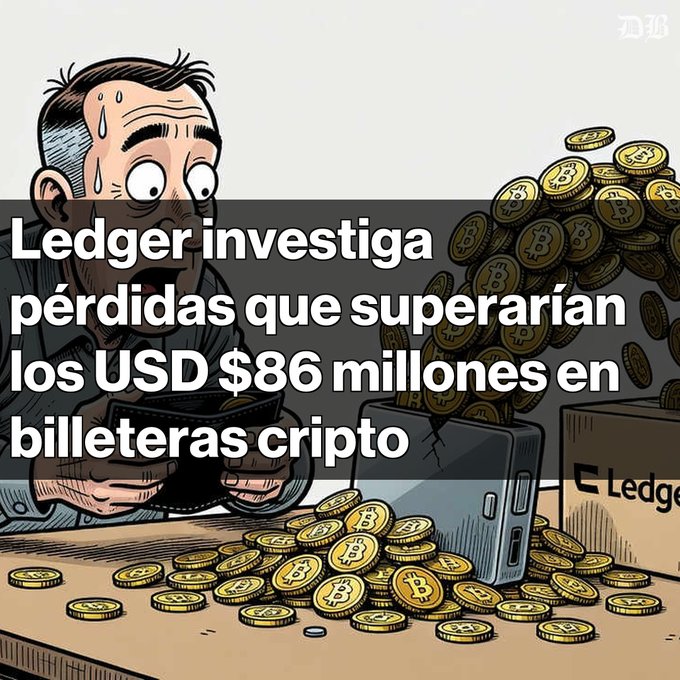 A cartoon illustration shows a sweating man looking at a cracked Ledger hardware wallet with gold Bitcoin coins spilling out, accompanied by Spanish text reading "Ledger investiga pérdidas que superarían los USD $86 millones en billeteras cripto."