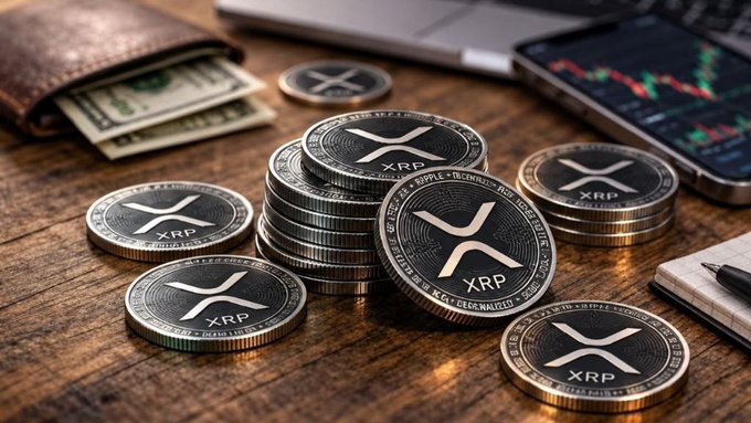 A stock photo showing a stack of XRP cryptocurrency coins on a wooden desk alongside US dollar bills, a wallet, a notebook, and a smartphone displaying a trading chart.