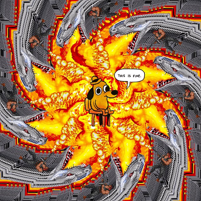 A chaotic meme featuring a cartoon dog sitting calmly in a chair at the center of a fiery explosion, saying 'THIS IS FINE,' surrounded by a kaleidoscopic pattern of roaring dinosaur-like creatures.
