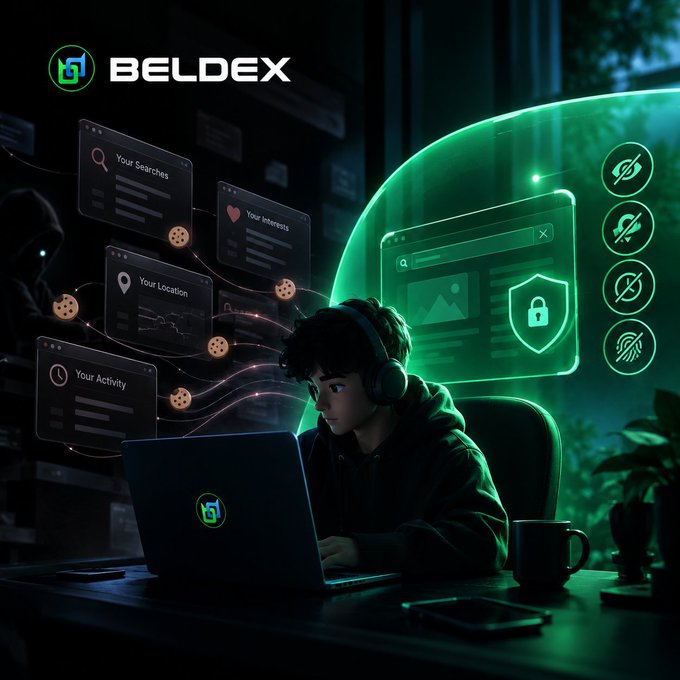 An illustration for 'BELDEX' shows a person using a laptop in a dark, green-lit setting, surrounded by floating privacy-themed icons representing searches, interests, location, and activity tracking.