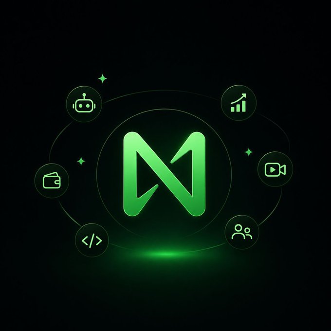 A green stylized 'N' logo surrounded by a circular design featuring icons for a robot, wallet, video camera, users, and code.