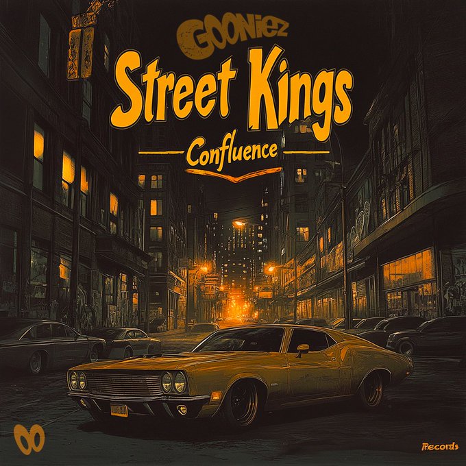 A stylized album cover titled "GOONIEZ - Street Kings - Confluence" featuring a classic muscle car parked on a dimly lit city street at night, with the "Records" label in the corner. The vintage urban aesthetic and street-themed branding visually reinforce the post's celebration of immersive music integration across PC, mobile, and VR in the #Confluence #Web3Gaming universe.