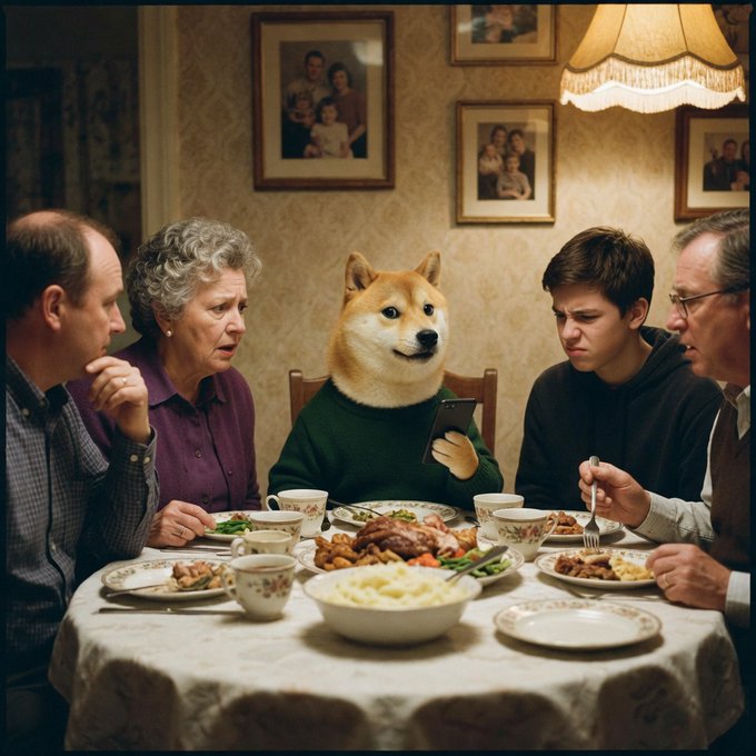 A shiba inu dog, dressed in a sweater and holding a smartphone, sits at a dinner table with a surprised human family, perhaps reacting to the news that Dogecoin whales have accumulated $1.2 billion in the past week.