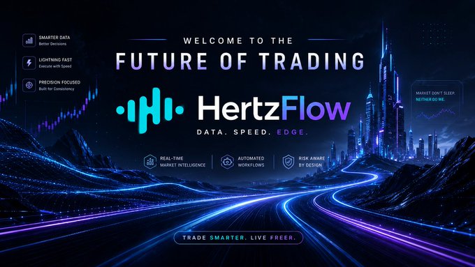A dark, futuristic promotional banner for 'HertzFlow' with the headline 'WELCOME TO THE FUTURE OF TRADING' and tagline 'DATA. SPEED. EDGE.,' featuring glowing blue and purple light trails along a road toward a sci-fi city, with feature labels including SMARTER DATA, LIGHTNING FAST, PRECISION-FOCUSED, REAL-TIME MARKET INTELLIGENCE, AUTOMATED WORKFLOWS, RISK AWARE BY DESIGN, and the slogan 'TRADE SMARTER. LIVE FREE.'