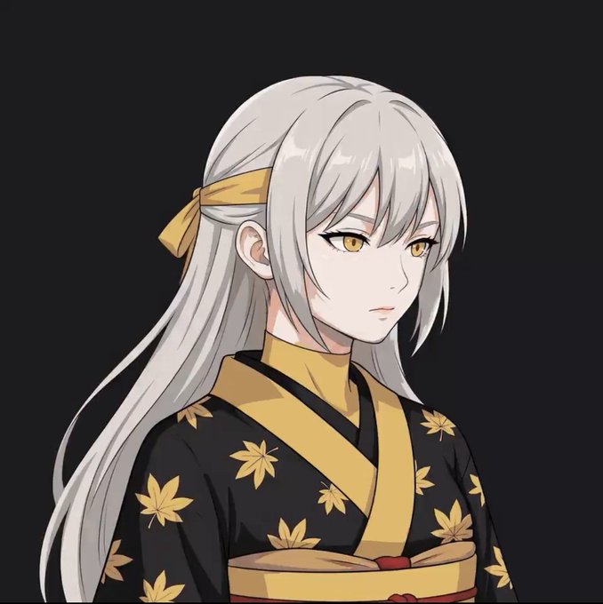 An anime-style illustration of a young woman with long silver hair, yellow eyes, and a yellow ribbon, wearing a black kimono decorated with yellow maple leaf patterns against a dark background.