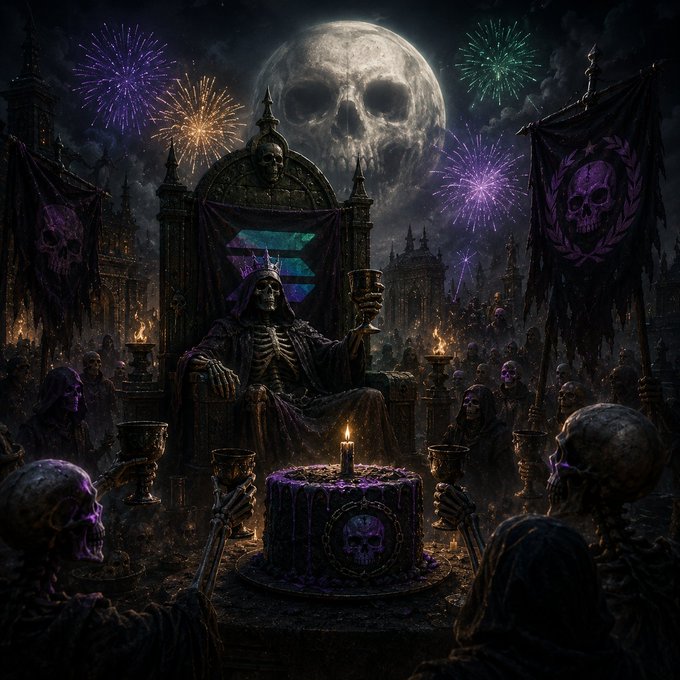 The image features a large cake with purple icing and a skull sitting at the bottom of the cake surrounded by numerous skulls, possibly representing a graveyard scene or a celebration related to death. The text "GM Today marks 1 year since Solana Deads launched" is present in the image, indicating that it was created on January 1st, 2021. The post also mentions an ecosystem and a collection, suggesting that this image might be part of a larger project or series.