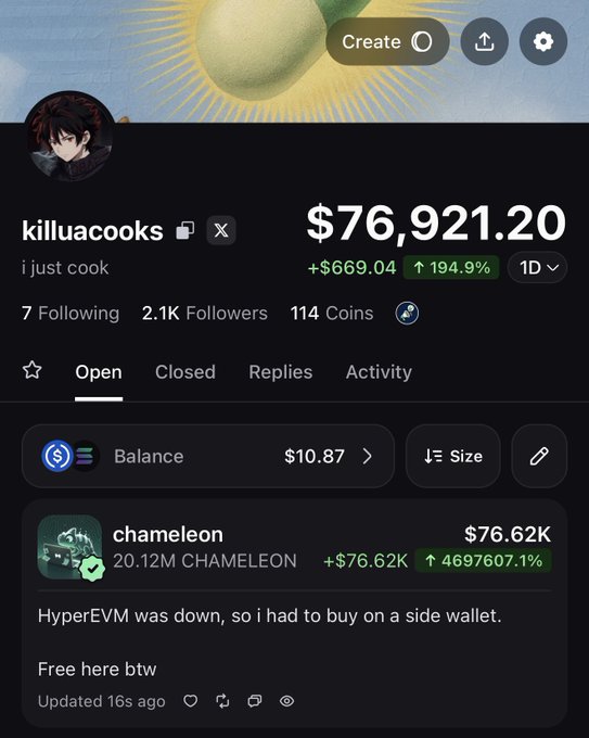 A user named "killuacooks" displays a portfolio showing $76,921.20 with a 194.9% gain in one day, prominently featuring a CHAMELEON position worth $76.62K with a 4,697,607.1% increase. The post caption "Gonna do it again" suggests the user is celebrating their massive crypto gains on CHAMELEON and signaling plans to repeat the profitable trade.