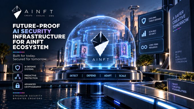 An advertisement for 'AINFT' promoting 'Future-Proof AI Security Infrastructure' with features including AI Defense Systems, Predictive Protection, and Advanced Cryptography, set against a futuristic cityscape.