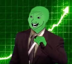 The image shows the classic "Wojak" meme character in a green suit with an exaggerated excited expression, superimposed over a green candlestick chart from the crypto markets. This visual perfectly complements the post's caption, as the green candles and the character's thrilled demeanor both reflect the joy of seeing bullish price movement return to cryptocurrency markets.