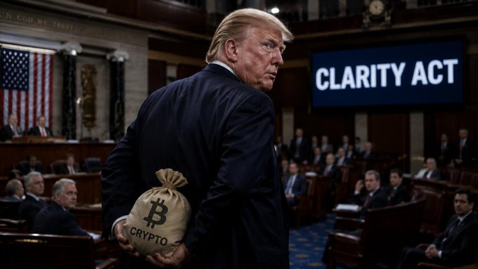 A digitally manipulated image showing Donald Trump holding a bag labeled "CRYPTO" with the Bitcoin symbol, standing in a government chamber with "CLARITY ACT" displayed on a screen.