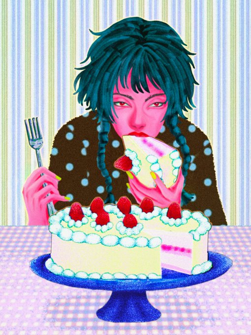 An illustration of a pink-skinned figure with teal braided hair eating a slice of strawberry cake, with a whole cake on a blue stand in front of them.