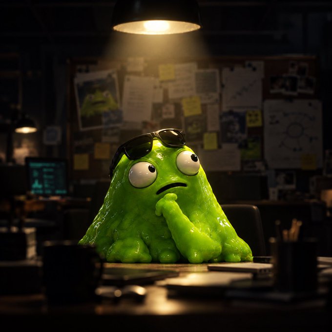 A 3D render of a small green blob-like character wearing sunglasses, sitting at a desk with its hand on its chin in a dimly lit room with a bulletin board.