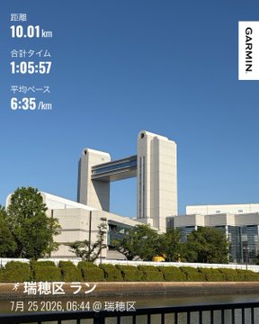 A Garmin activity card shows a 10.01 km run around a distinctive twin-tower building on a clear morning, labeled '瑞穂区 ラン' on July 25, 2026, with a time of 1:05:57 and pace of 6:35/km.