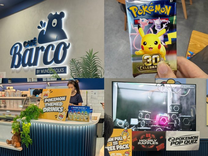 A collage showing a 'Café Barco by Wunderfolks' storefront, a hand holding a 'Pokémon 30 Celebrate' card pack, and a screen displaying a 'Pokémon Pop Quiz' with 'Pull for a free pack' and 'Hourly Raffles' text.