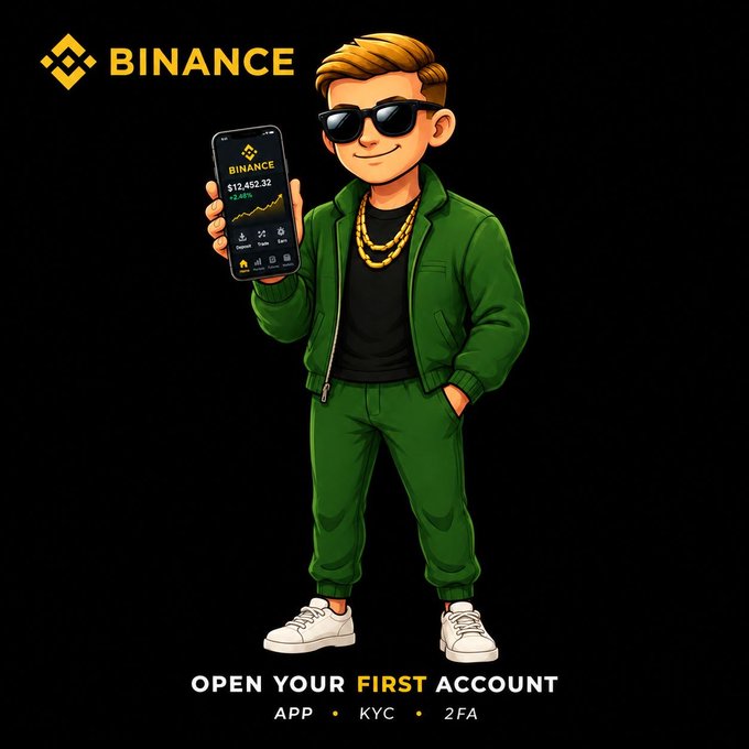 A Binance promotional graphic featuring a cartoon character in a green tracksuit and sunglasses holding a phone displaying the Binance app. Text reads 'OPEN YOUR FIRST ACCOUNT' with 'APP • KYC • 2FA' below.