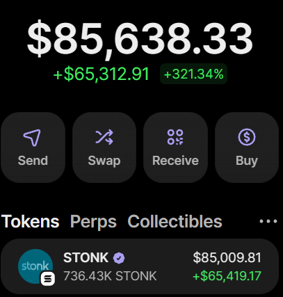 A cryptocurrency wallet screenshot showing a balance of $85,638.33 with a +321.34% gain, holding 736.43K STONK tokens valued at $85,009.81.