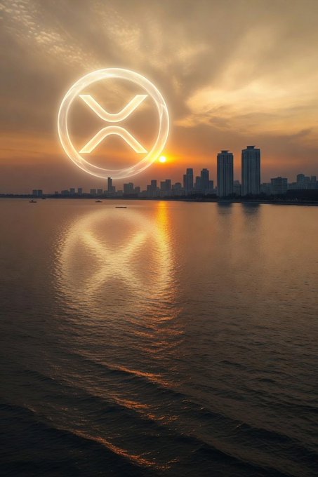 A glowing XRP logo hovers over a city skyline at sunset, reflecting on the water below.