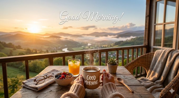The image features an outdoor scene with a wooden table set up for breakfast. On the table are two cups of coffee, one brown and one white, along with a bowl filled with fruit such as berries and bananas. A person can be seen sitting at the table enjoying their meal. The backdrop is a beautiful view of mountains under a clear blue sky, creating a serene atmosphere. The image also includes text that reads "Good morning!" and "Good morning!", which adds to the overall positive and welcoming vibe of the scene.
