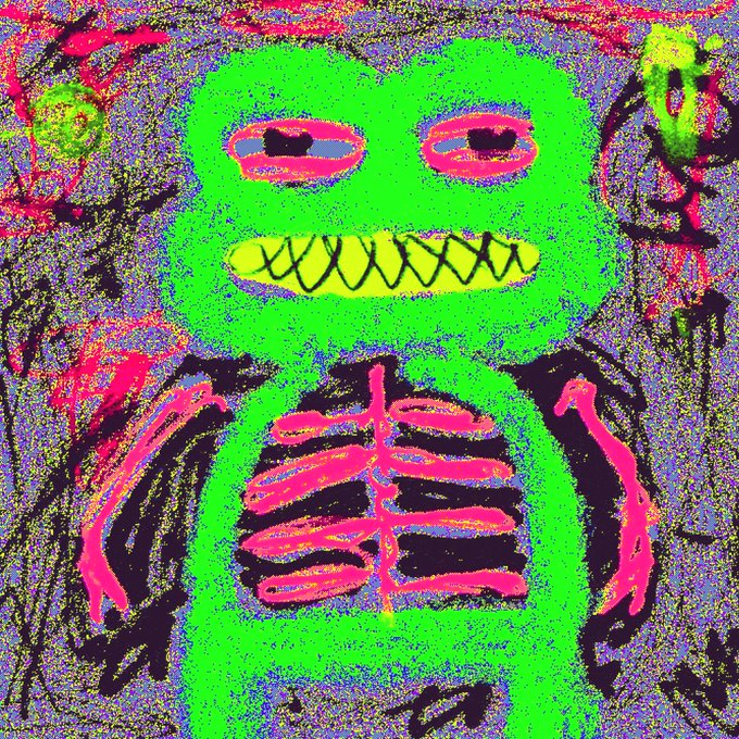 A highly stylized, neon-colored digital artwork of a skeletal figure with a skull-like face, bright green skin, pink ribcage details, and large hollow eyes.