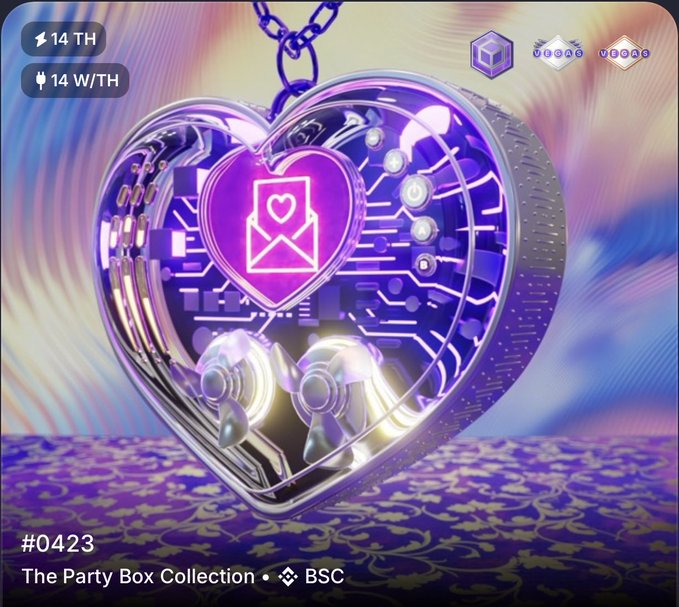 A digital NFT display showing a metallic heart-shaped pendant with a love letter envelope icon and circuitry design; text includes '#0423', 'The Party Box Collection', 'BSC', '14 TH', and '14 W/TH'.
