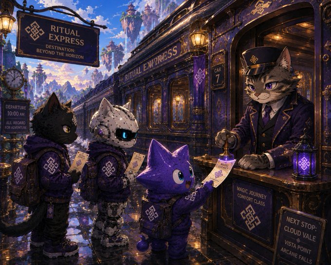 A detailed fantasy illustration depicts anthropomorphic cat travelers in purple coats boarding the 'Ritual Express' train at station 'Car 7', with signs reading 'Destination: Beyond the Horizon', 'Departure 10:00 AM', and 'Next Stops: Cloud Vale, Vista Point, Arcane Falls'.