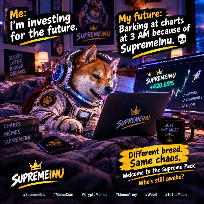 A promotional graphic for 'SUPREMEINU' shows a Shiba Inu dog in an astronaut helmet on a laptop, with humorous text comparing investing to barking at charts, and includes hashtags like #SupremeInu and #MemeCoin.